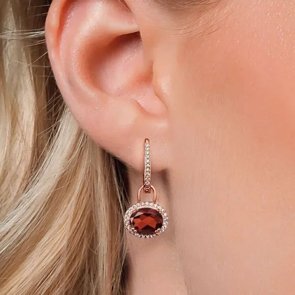 18K Rose Gold 925 with 4.44 Cttw Garnet Oval Dangling French Lock Earrings